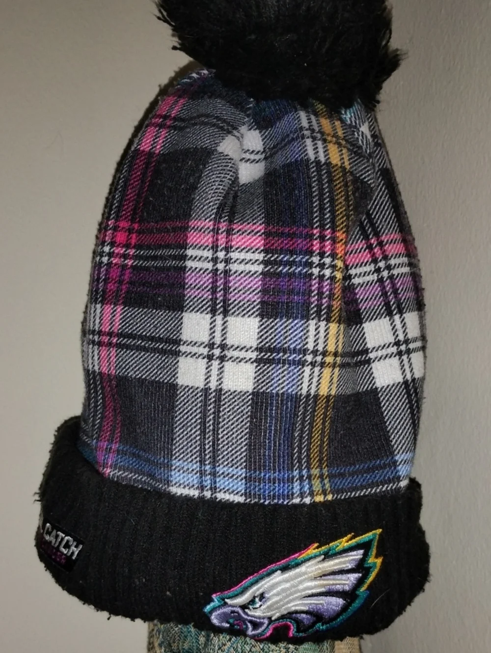 NFL Philadelphia Eagles Plaid Pom Beanie - Black, White & Multicolor